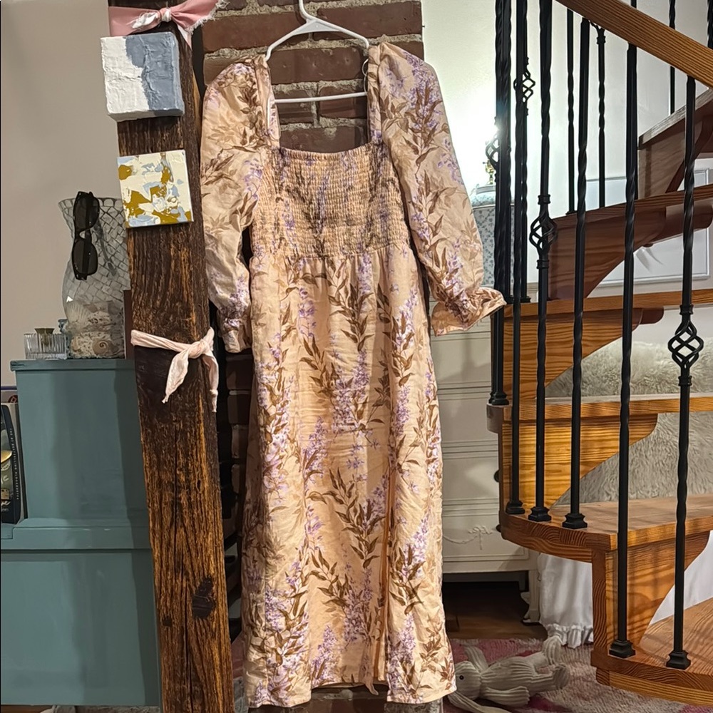 Chic Pink and Cream Floral Linen Dress